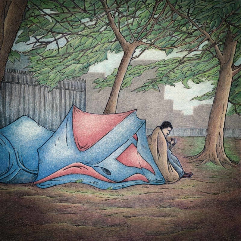 A coloured drawing of a forlorn-looking man, sitting at the door to his dishevelled tent, pitched behind some industrial buildings. The skyline of the town is silhouetted in the distance