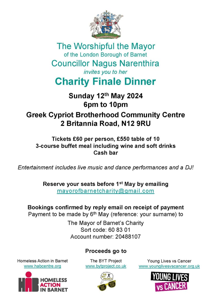 Charity Finale Dinner - Sunday 12 May, 6 to 10pm. Tickets £60 each or £550 for a table of 10. 3-course buffet meal, wine and soft drinks included and live entertainment